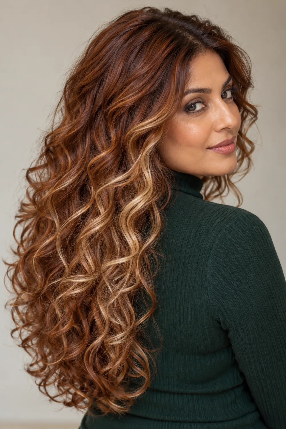 A woman with long, layered auburn-copper curls and blonde balayage ribbons, wearing a forest-green high-neck top.