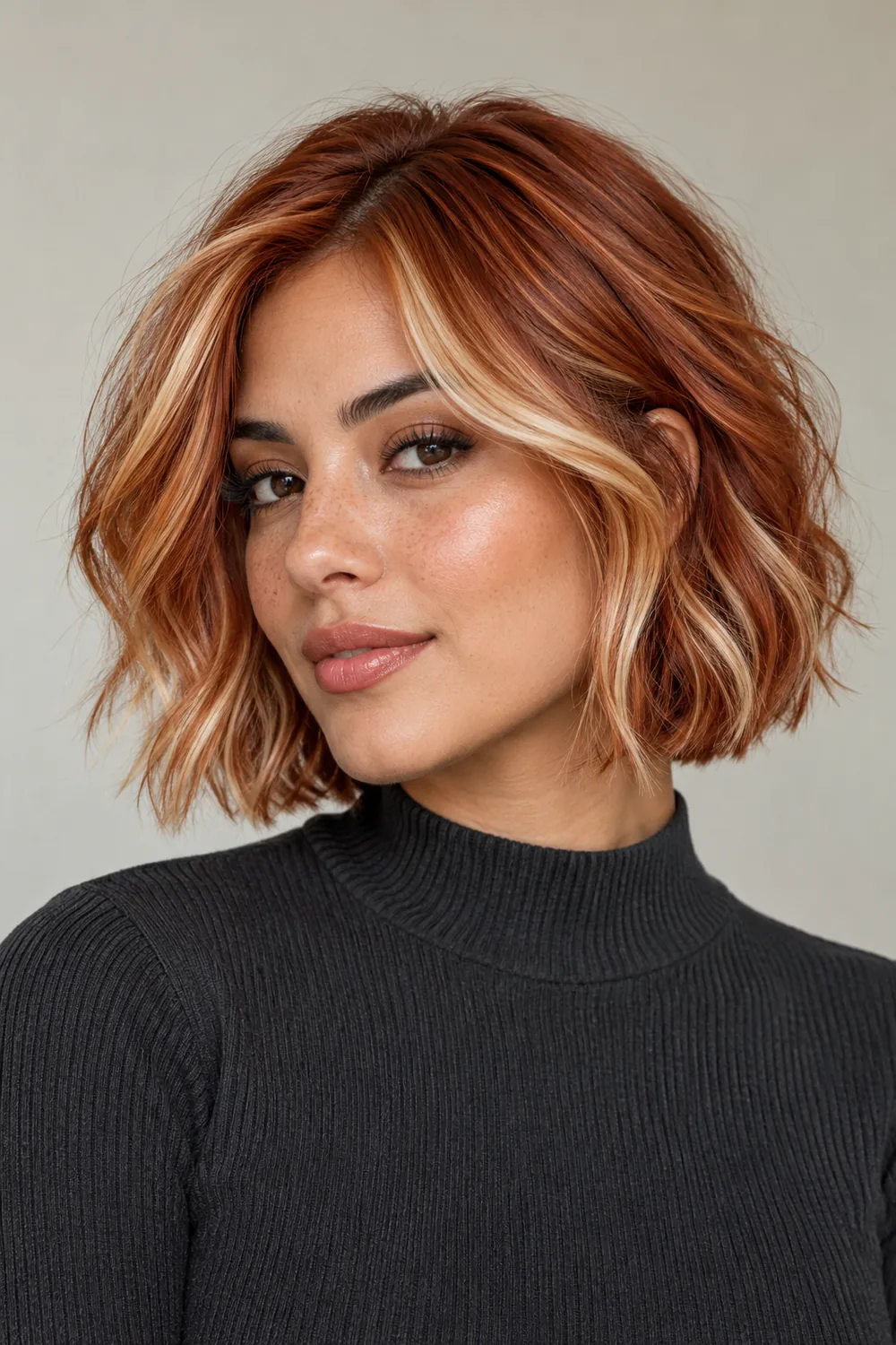 Adult woman in a charcoal high-neck top with a chin-length bright copper bob, deeper copper roots, and buttery blonde highlights through the fringe and sides.