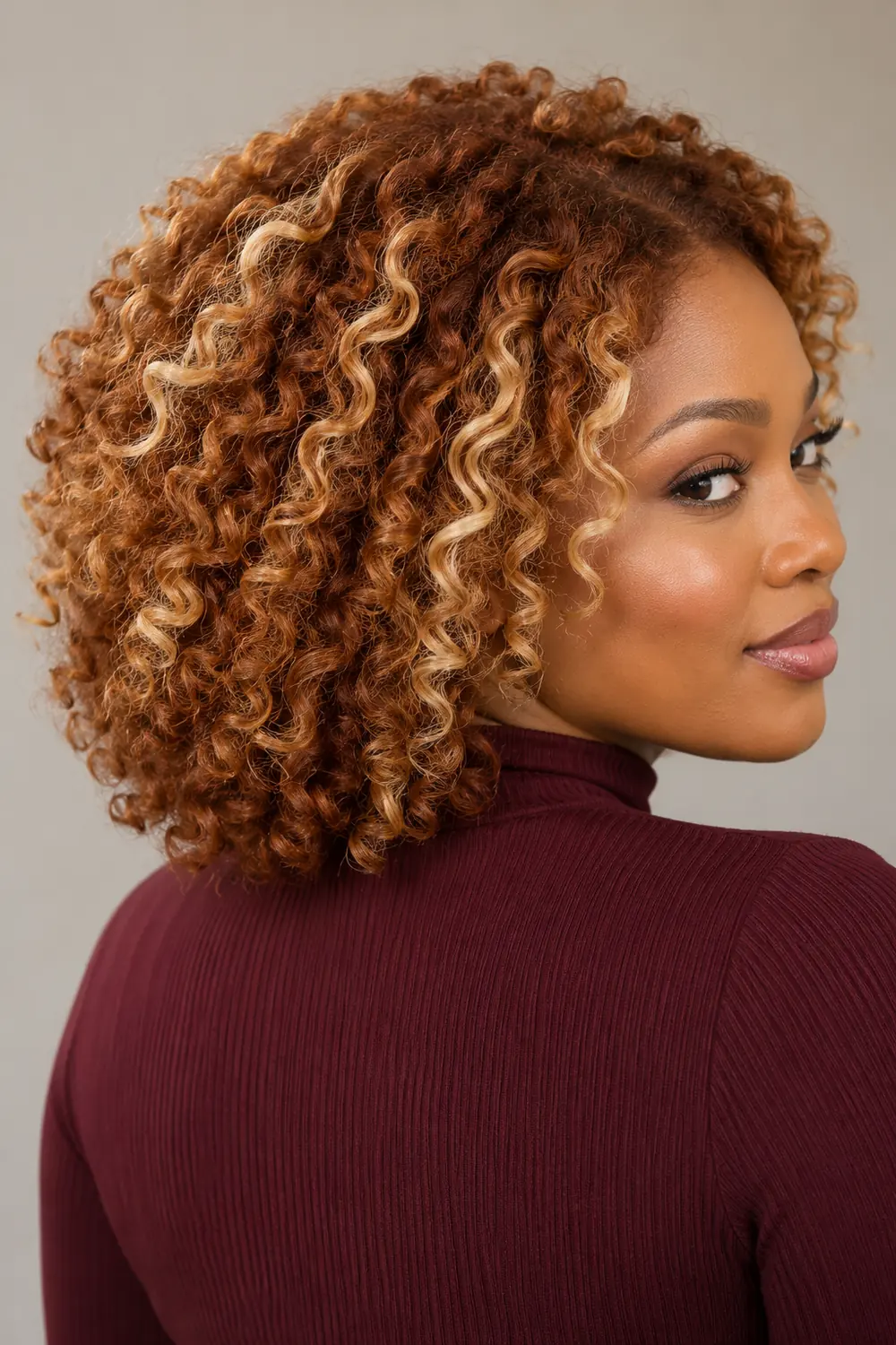 Adult woman with shoulder-grazing copper curls and pale blonde highlights framing the crown and sides, photographed from a rear three-quarter angle.