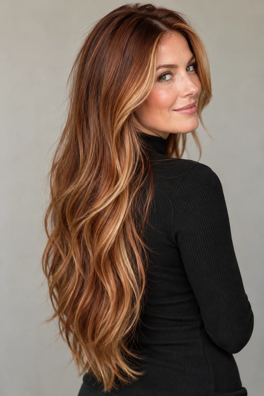 Long, softly bent copper hair with a deep brown-copper root melt and honey blonde ribbons framing the face and brightening the lower lengths.
