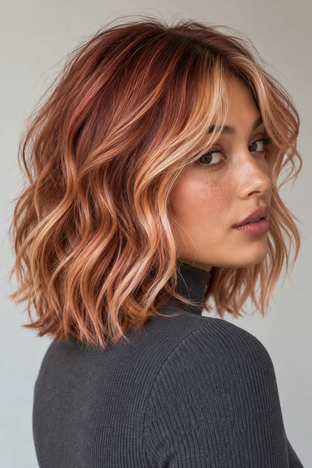 Adult woman in profile with a tousled shoulder-length rose copper shag, peach blonde highlights framing her face and scattered through the ends.