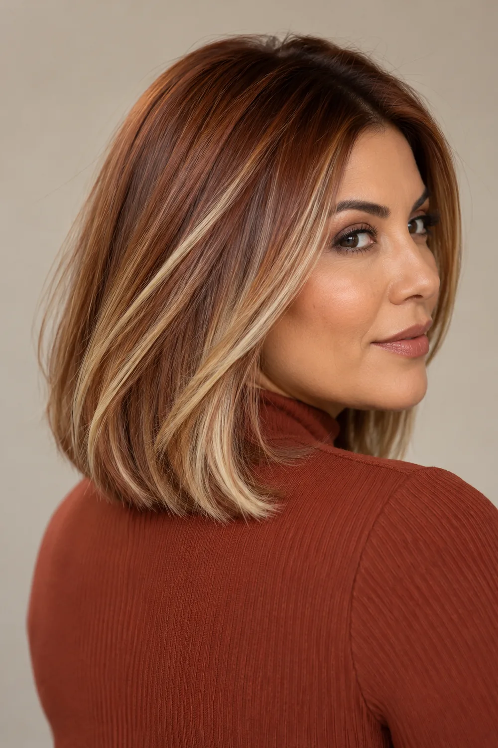 A woman in a rust-colored high-neck top looks over her shoulder, showing a collarbone-length copper-brown lob with creamy blonde diagonal ribbons and a gently beveled finish.