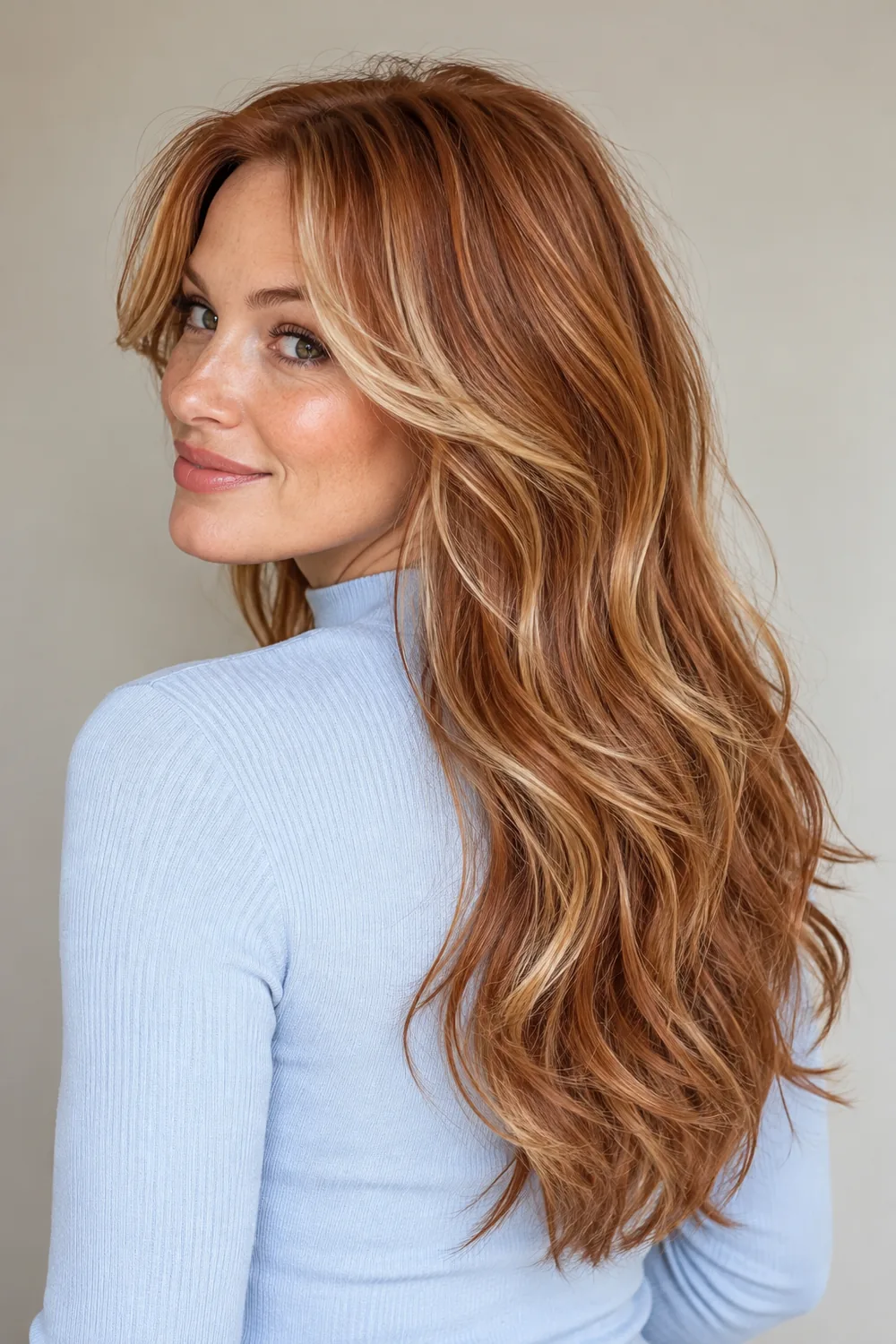 Adult woman in a pale blue high-neck top, showing long, softly waved light ginger copper hair with sandy blonde highlights woven through the curtain fringe and lengths.
