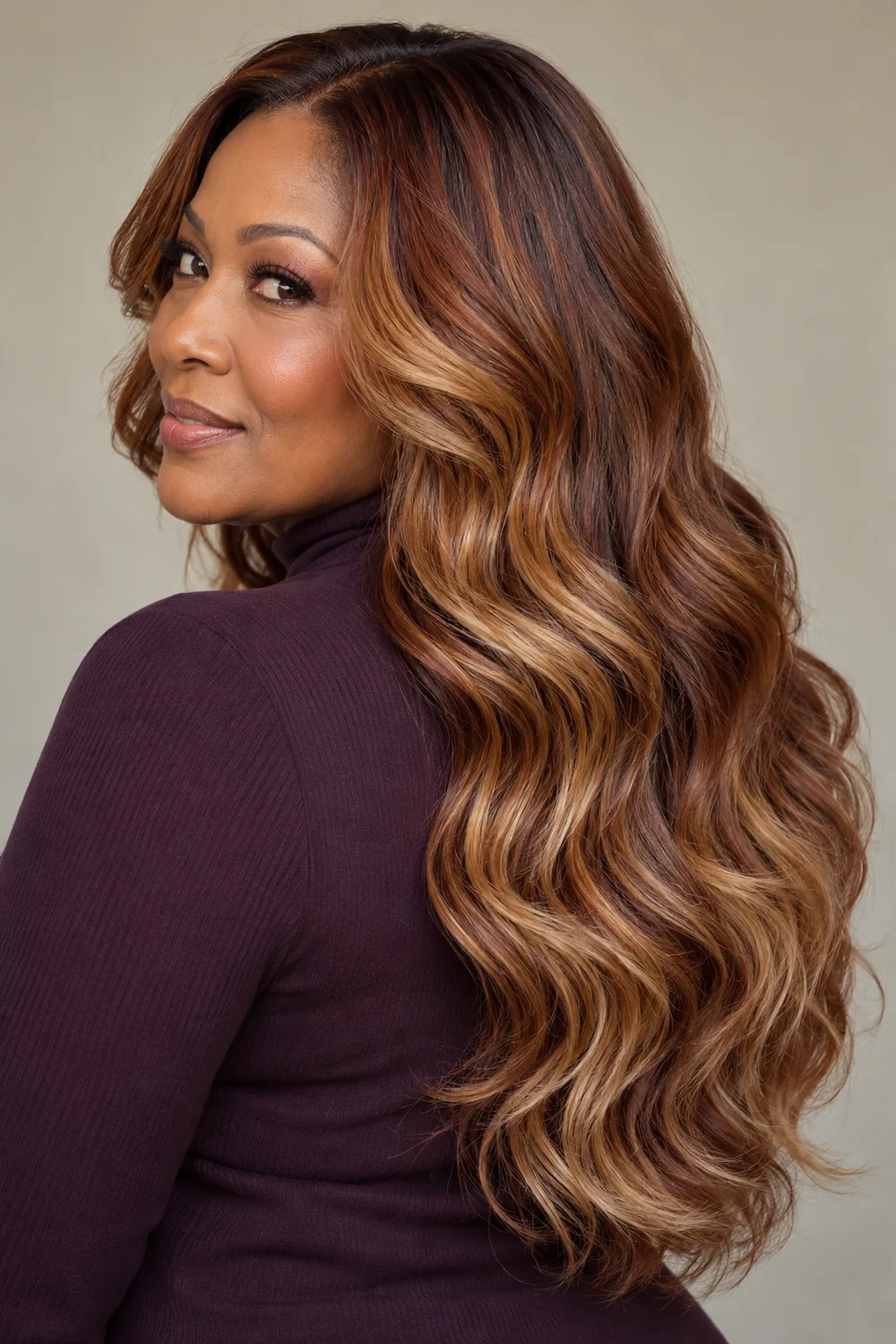 A woman in a plum top with long mahogany copper waves and caramel blonde highlights through the lengths and ends.