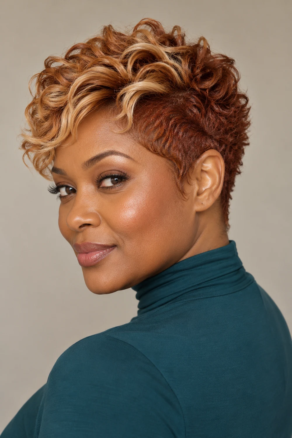 Three-quarter portrait of an adult woman with a textured copper pixie and blonde highlights sweeping across the crown and fringe, with deep copper tapered sides.
