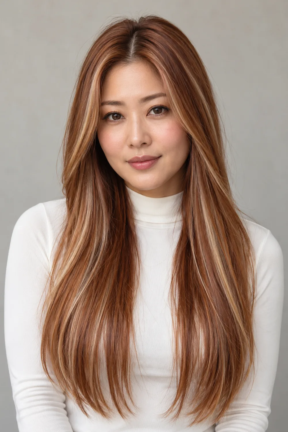 A woman with long, straight muted copper hair, a center part, and fine wheat blonde highlights against a neutral background.