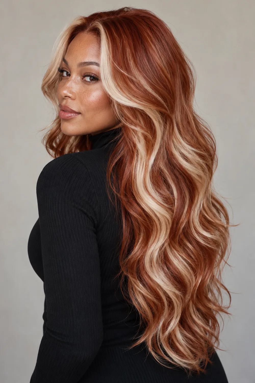 Adult woman in a black high-neck top with long, wavy copper-red hair and broad platinum blonde face-framing and length highlights.
