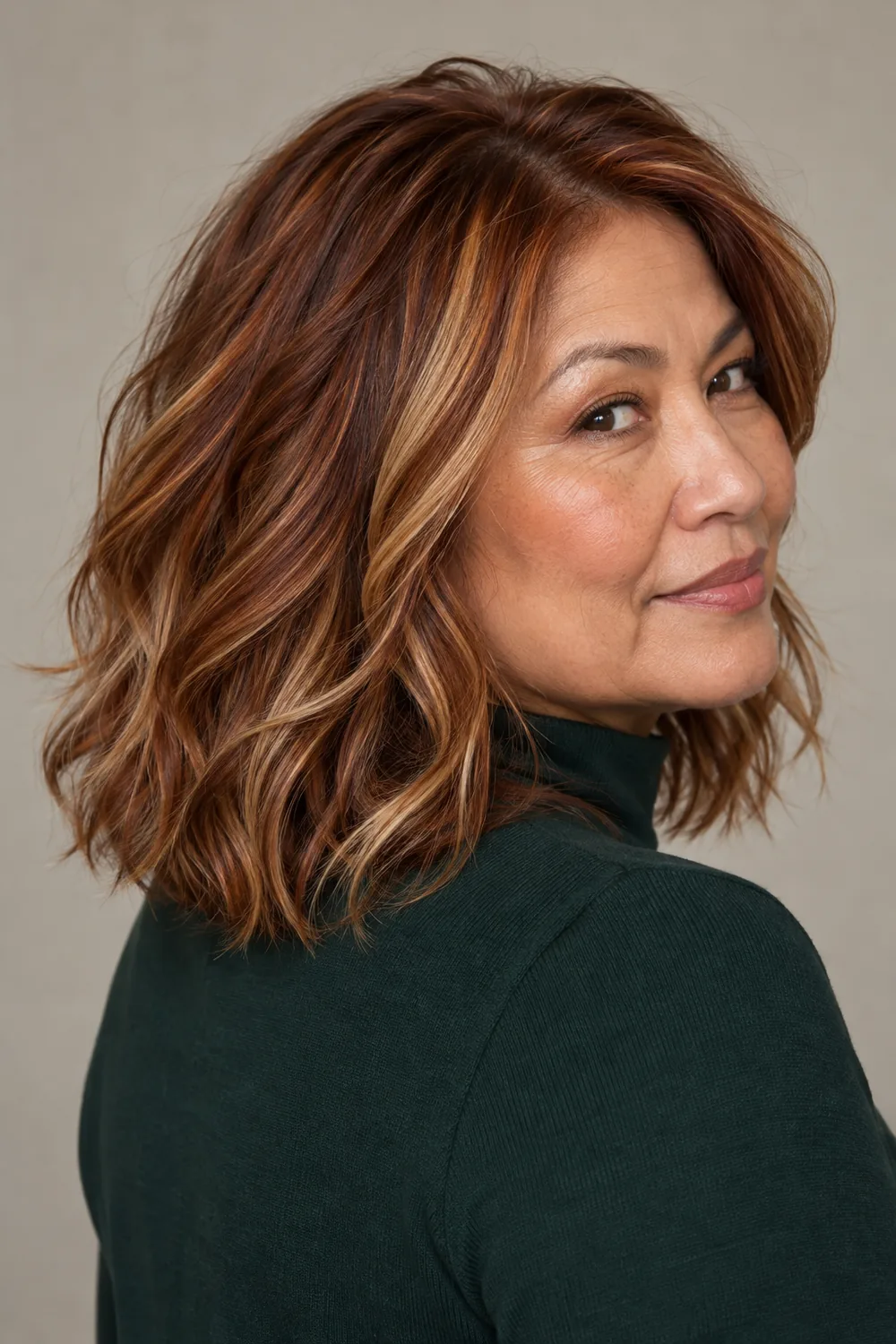 Adult woman in a dark green high-neck top, looking over her shoulder with a wavy, shoulder-length toasted copper lob and prominent dark blonde ribbons around the face and through the ends.