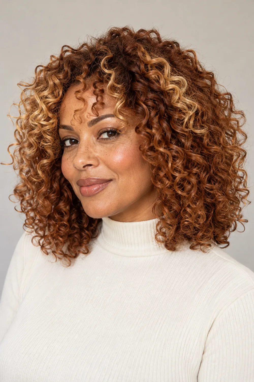 Adult woman with voluminous shoulder-length copper curls and golden blonde highlights concentrated in the fringe and crown, wearing a cream high-neck top.