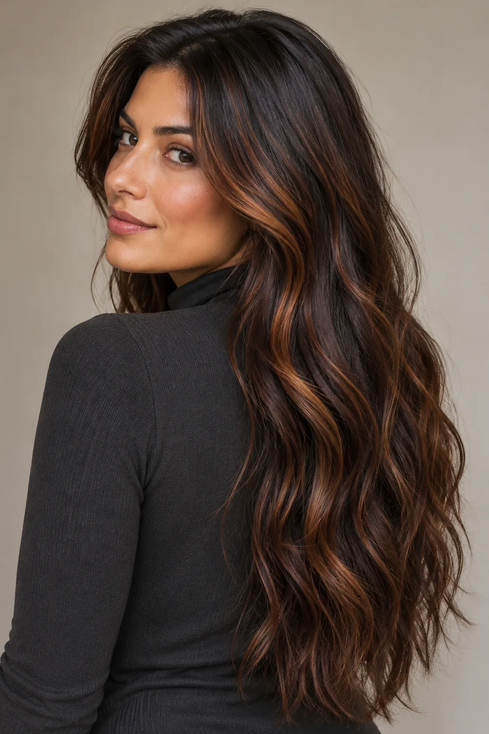 An adult woman in a charcoal high-neck top looks over her shoulder, showing long dark brown waves with fine copper highlights from mid-lengths to ends.