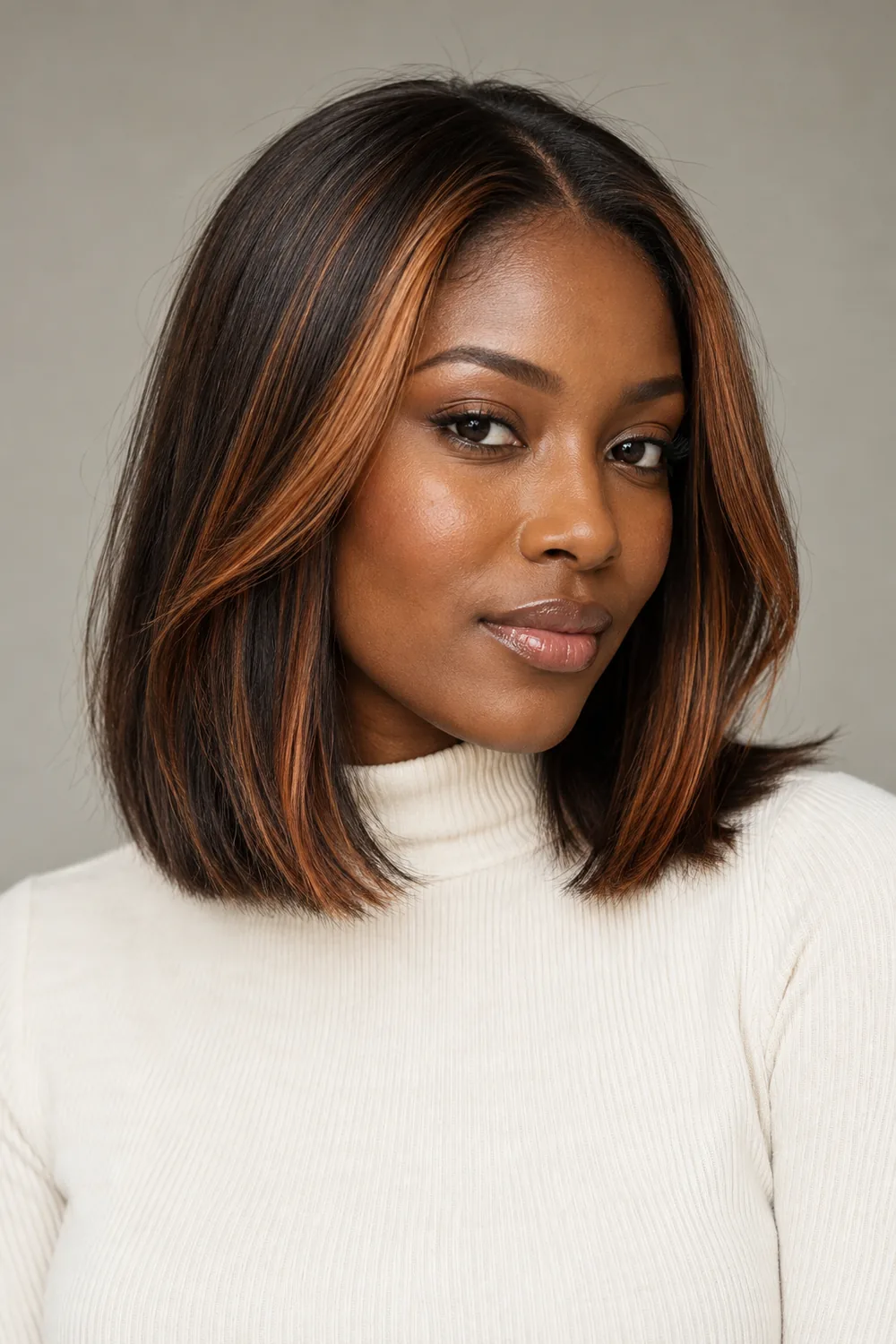 A woman with a dark brown collarbone lob, bright copper face-framing ribbons, and finer copper strands at the sides.
