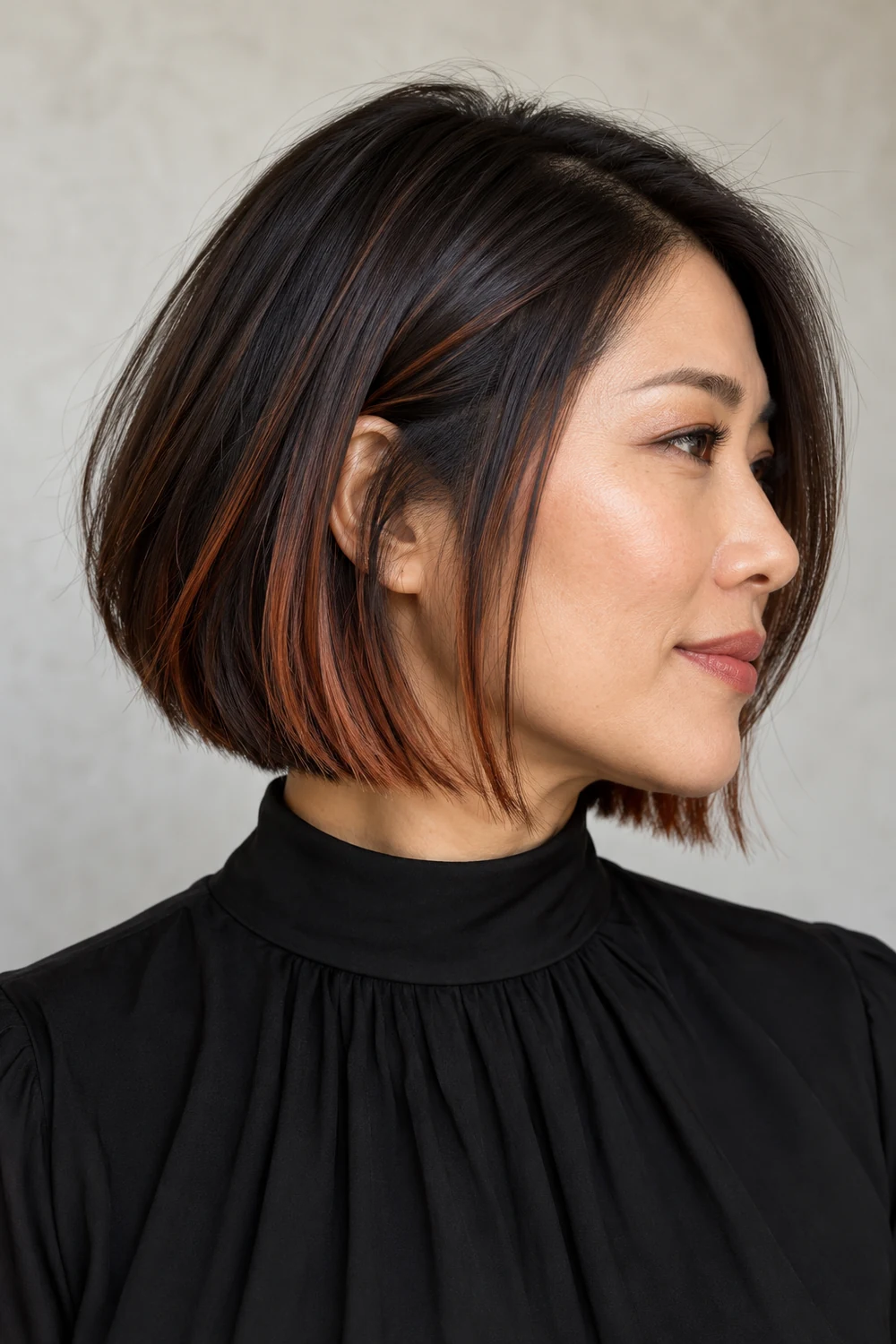A woman in profile with a sleek jaw-length dark brown bob and visible copper ribbons and panels around the face and lower sides.