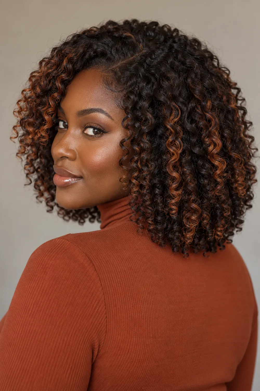 A woman with shoulder-length dark brown curls and copper highlights along selected spirals, wearing a rust-colored high-neck top.