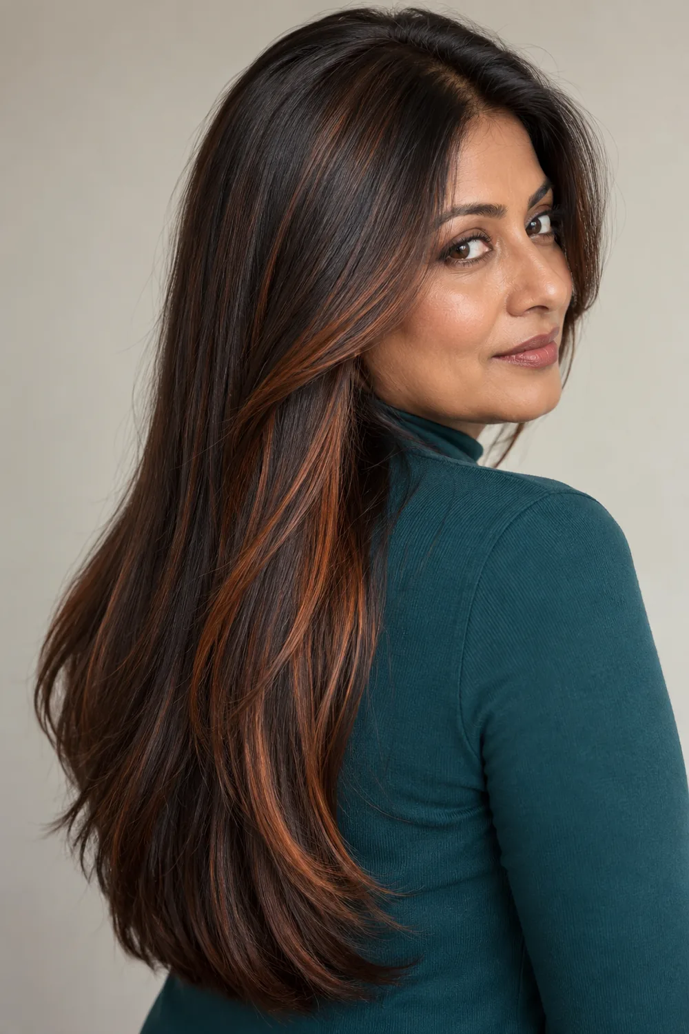 A South Asian woman with long, straight dark brown hair and visible copper ribbons through the lower lengths and face-framing sections, wearing a teal high-neck top.