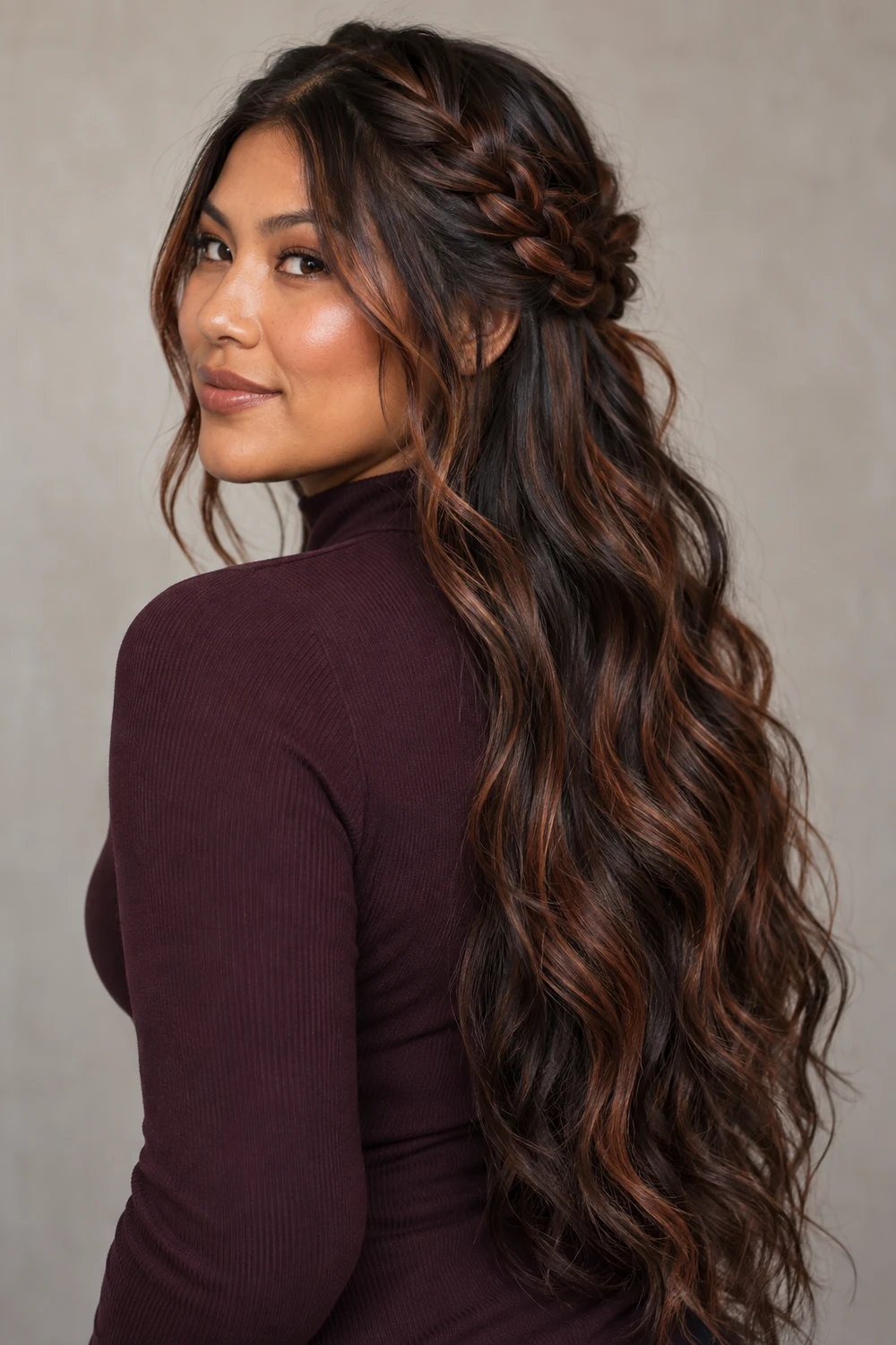 A woman in a plum high-neck top with waist-length dark brown hair, fine copper highlights, and a loose braided crown.