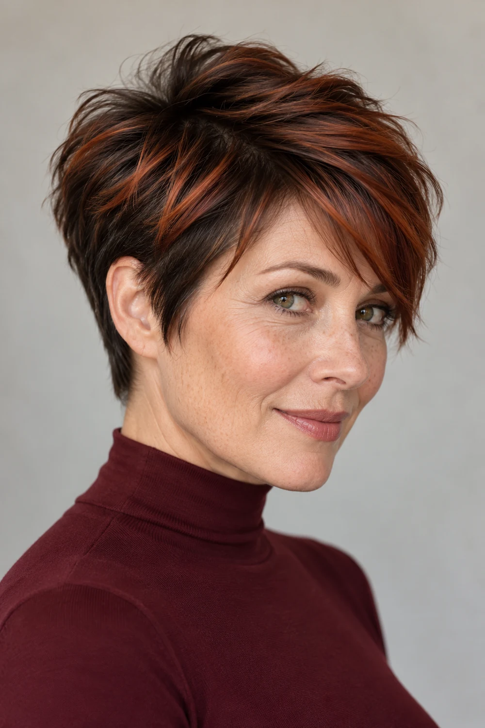 A freckled adult woman in a burgundy high-neck top wears a textured dark brown pixie with copper highlights through the longer top and fringe, with darker sides and nape.