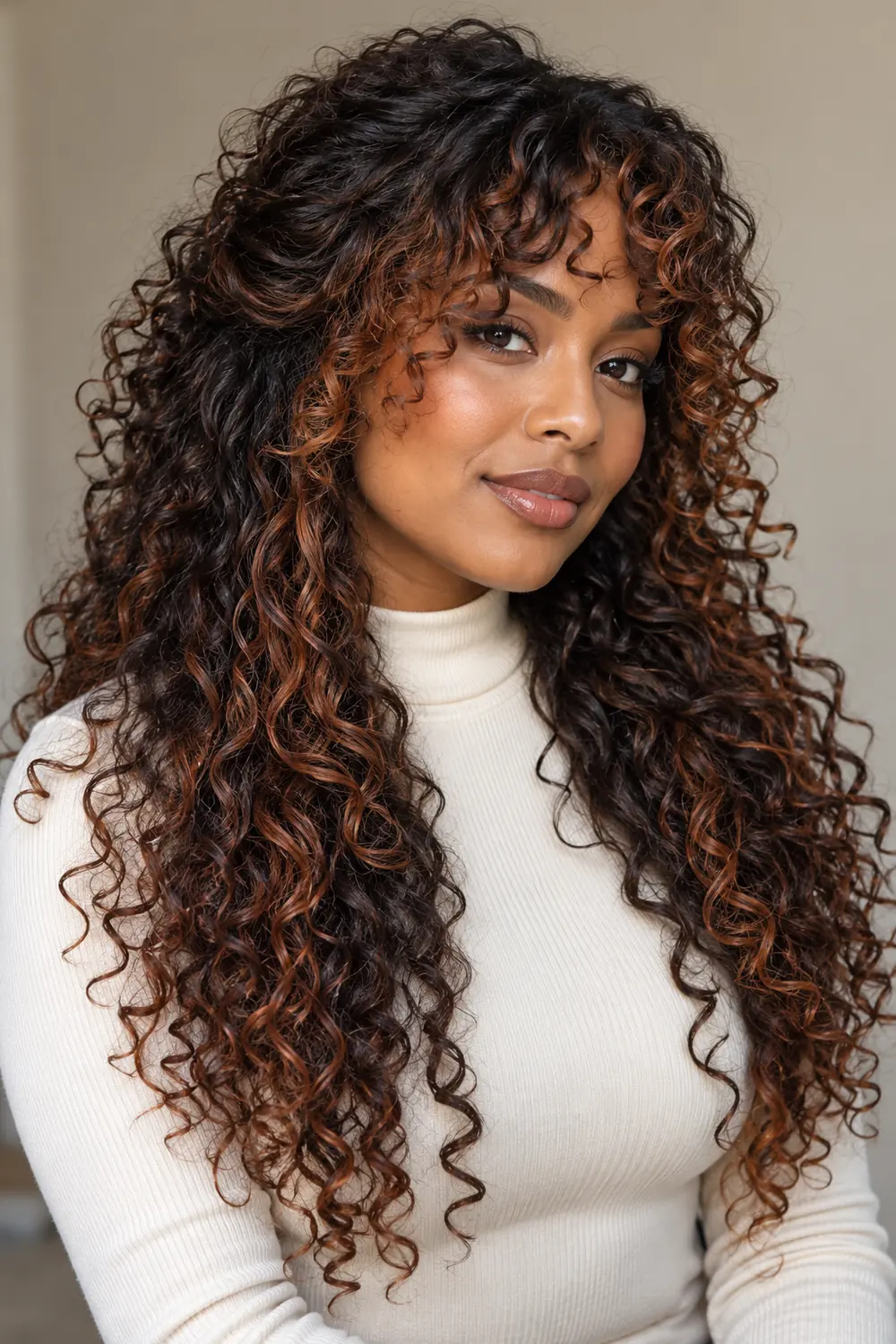 Adult woman with long dark brown curls, copper accents through the fringe and selected spirals, wearing an ivory high-neck top.