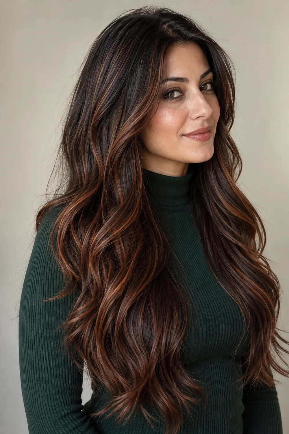 A woman with long, softly waved dark brown hair and blended copper ribbons, wearing a forest green high-neck top.