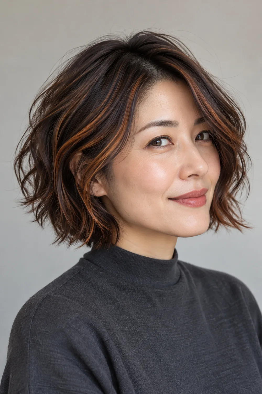 A fictional adult woman with a chin-length, choppy dark brown bob and fine copper highlights around the face and through the ends, against a light neutral background.