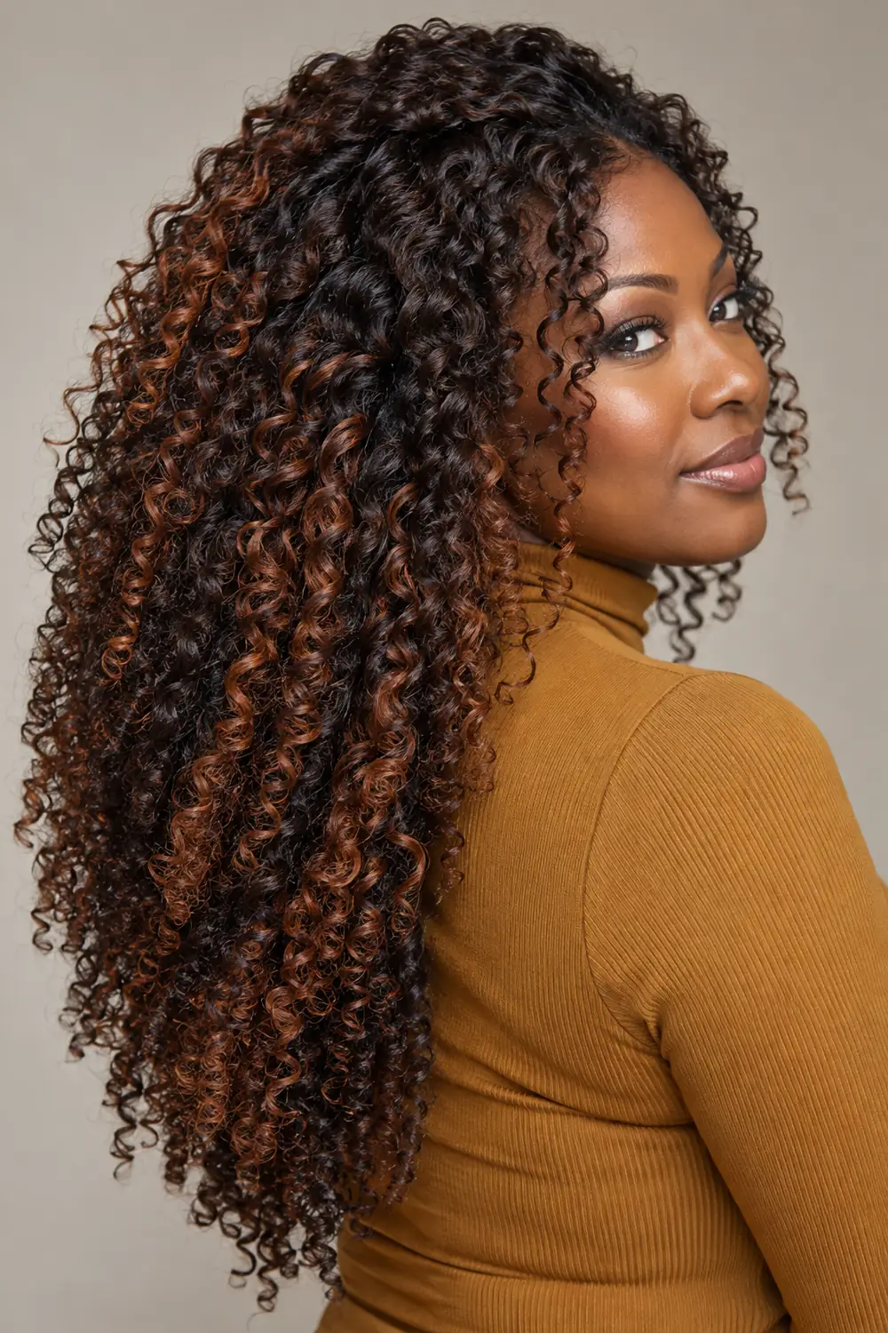 Adult woman in a rear three-quarter portrait with long dark brown coils and copper ribbons throughout selected outer and lower sections.