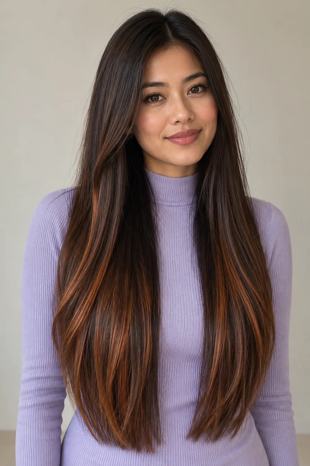 Fictional adult woman with long straight dark brown hair and copper ribbons through the lower lengths and around the face, wearing a lavender high-neck top.