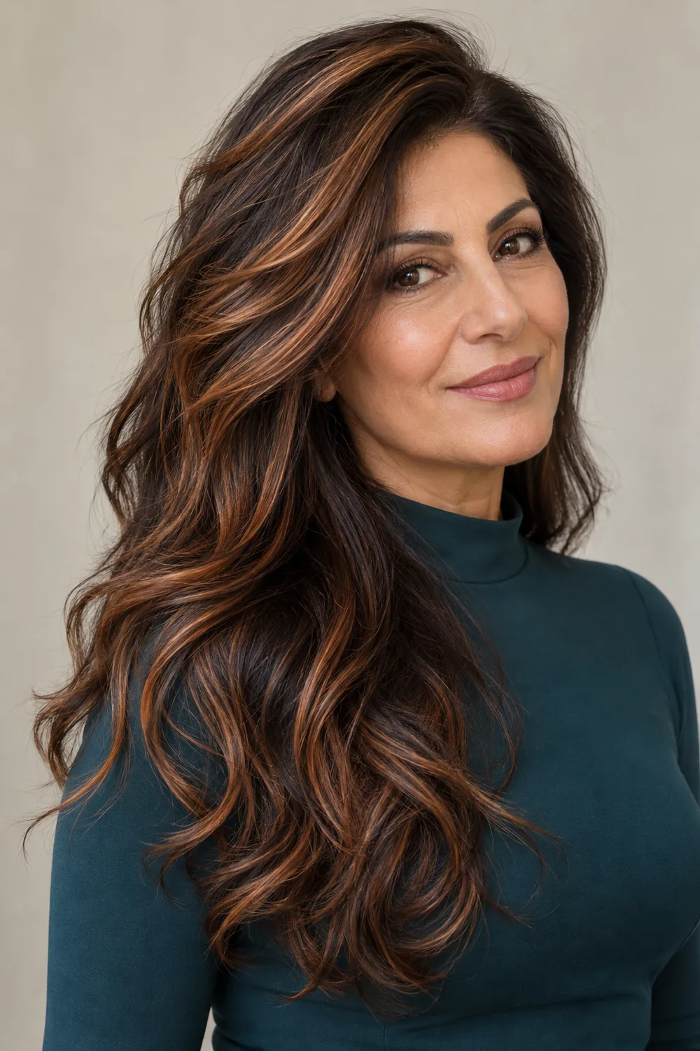 Adult woman with long, side-swept dark brown waves and copper ribbons concentrated along one side and through the ends.
