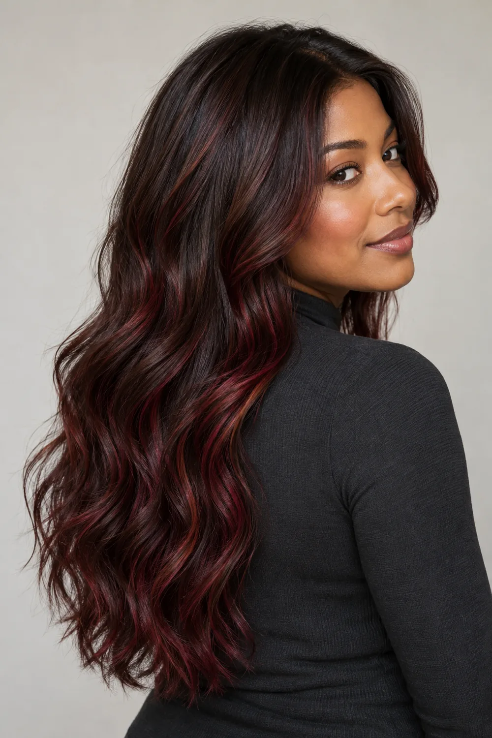 Long, loose espresso brown waves with burgundy and ruby-red highlights, shown from a three-quarter angle against a light neutral background.