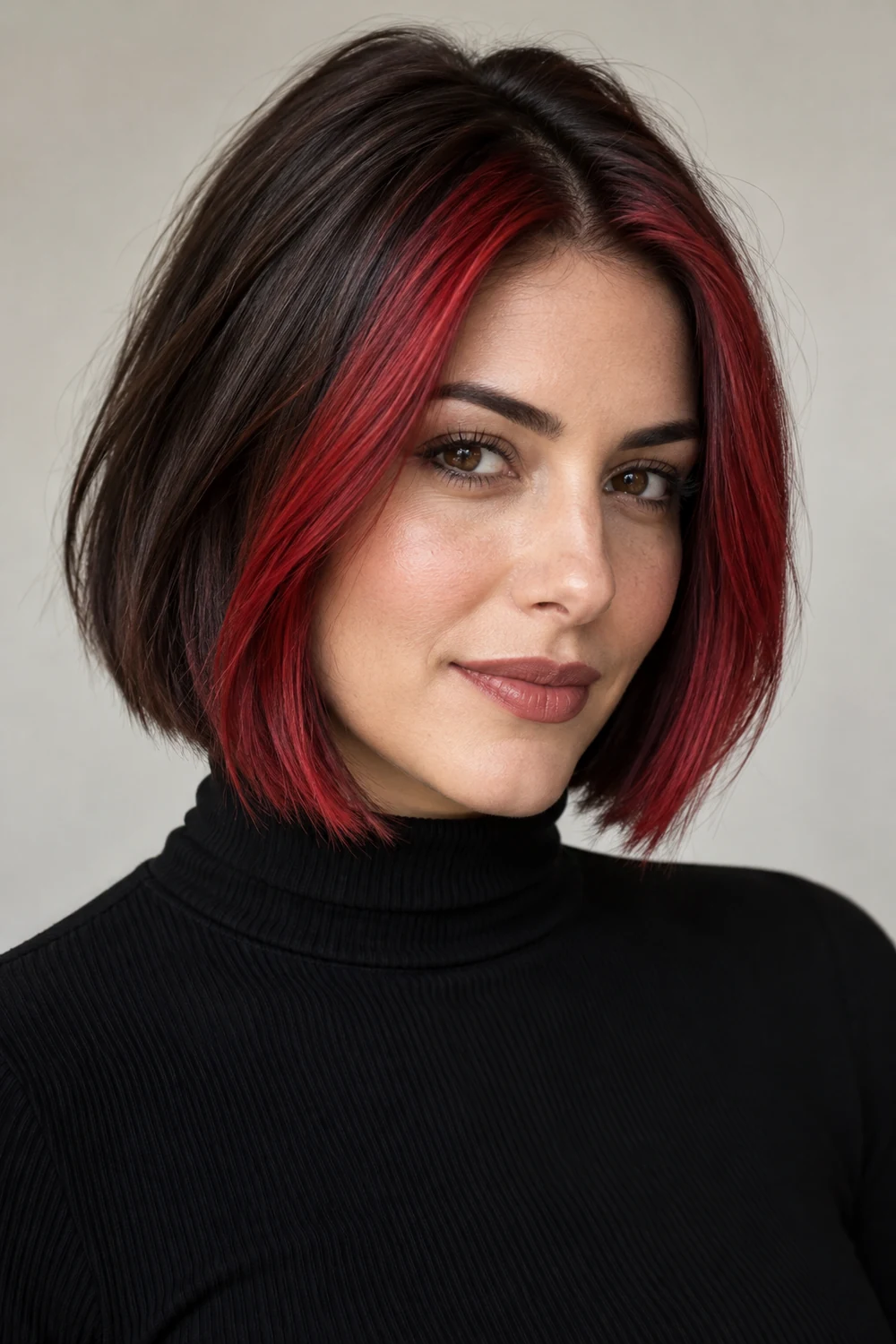 Photorealistic portrait of an adult woman with a jaw-length dark brown bob and wide cherry-red face-framing ribbons, wearing a black high-neck top.