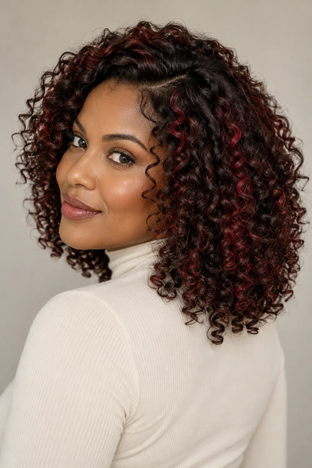 Adult woman with shoulder-length dark brown curls threaded with ruby-red highlights across the crown and outer layers.