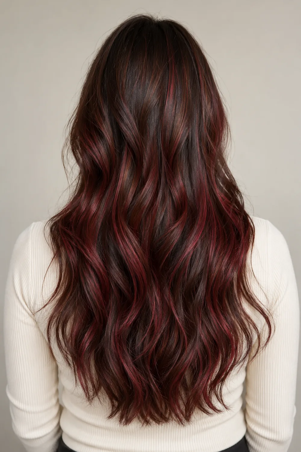 Rear view of long, softly waved dark mocha brown hair with fine cherry-red highlights, worn over an ivory high-neck top.
