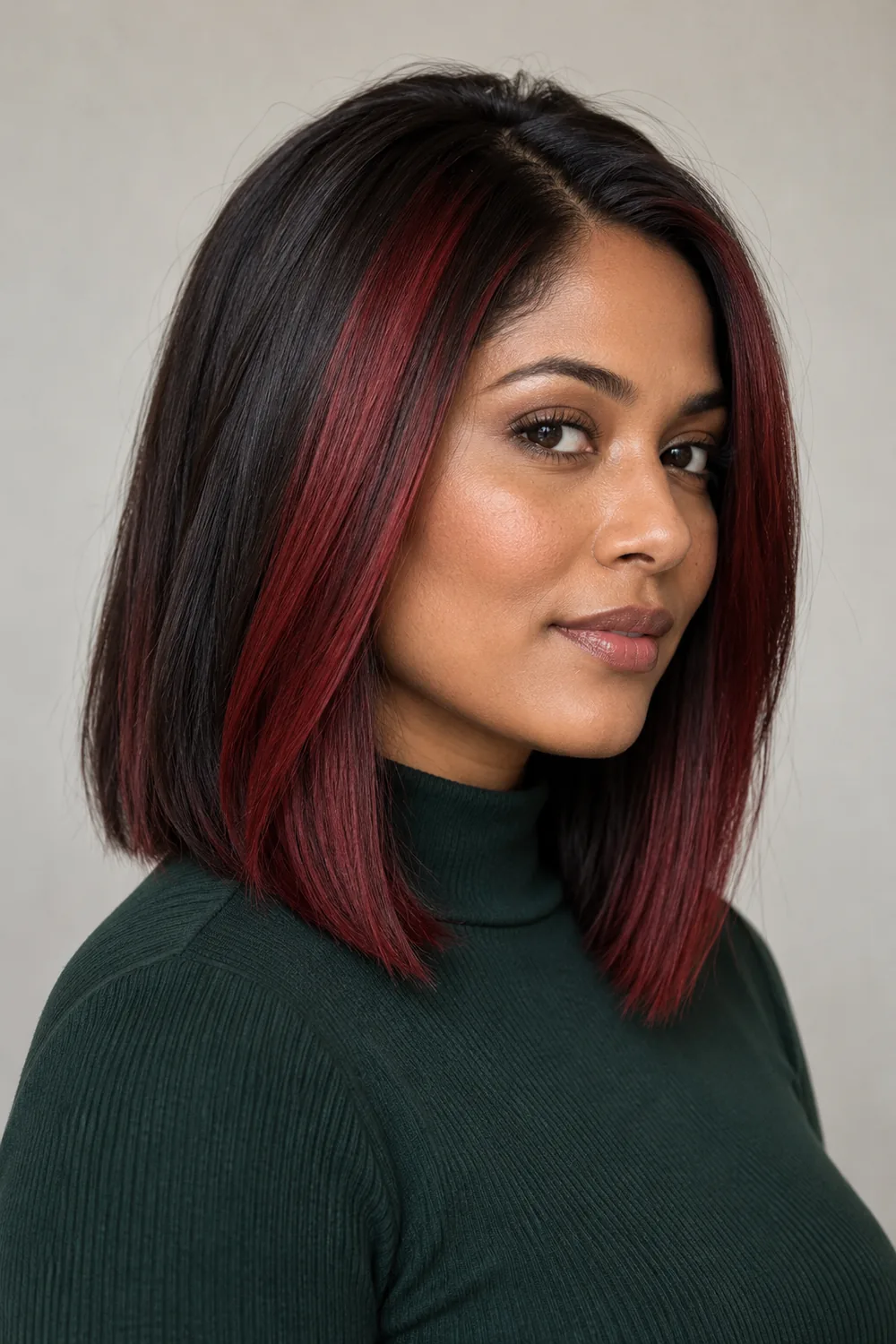 Adult woman with a blunt near-black brown lob and broad ruby-red panels framing her face, wearing a forest-green high-neck top.