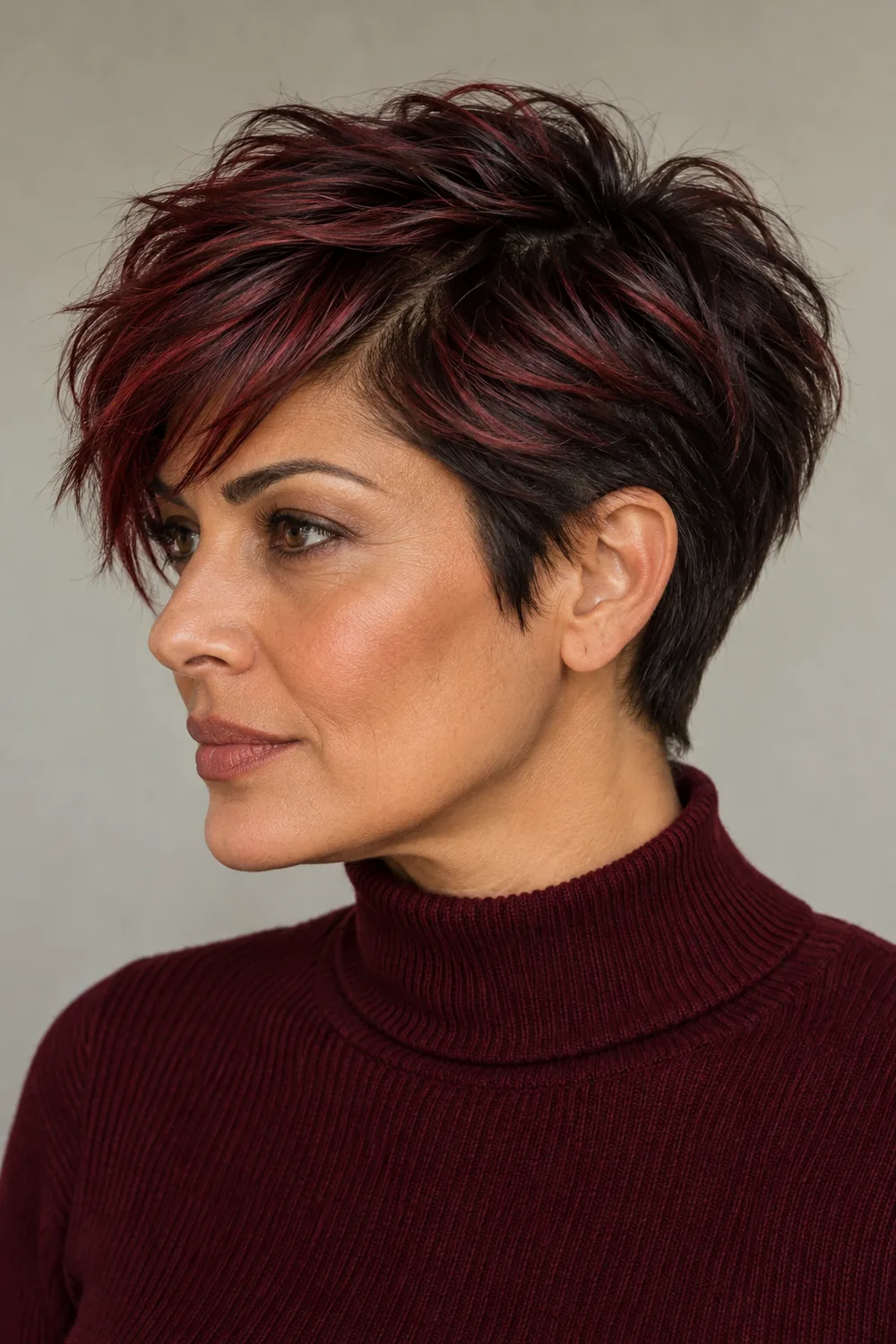 A woman in side profile with a textured dark brown pixie cut, burgundy highlights across the swept top and fringe, and dark tapered sides and nape.