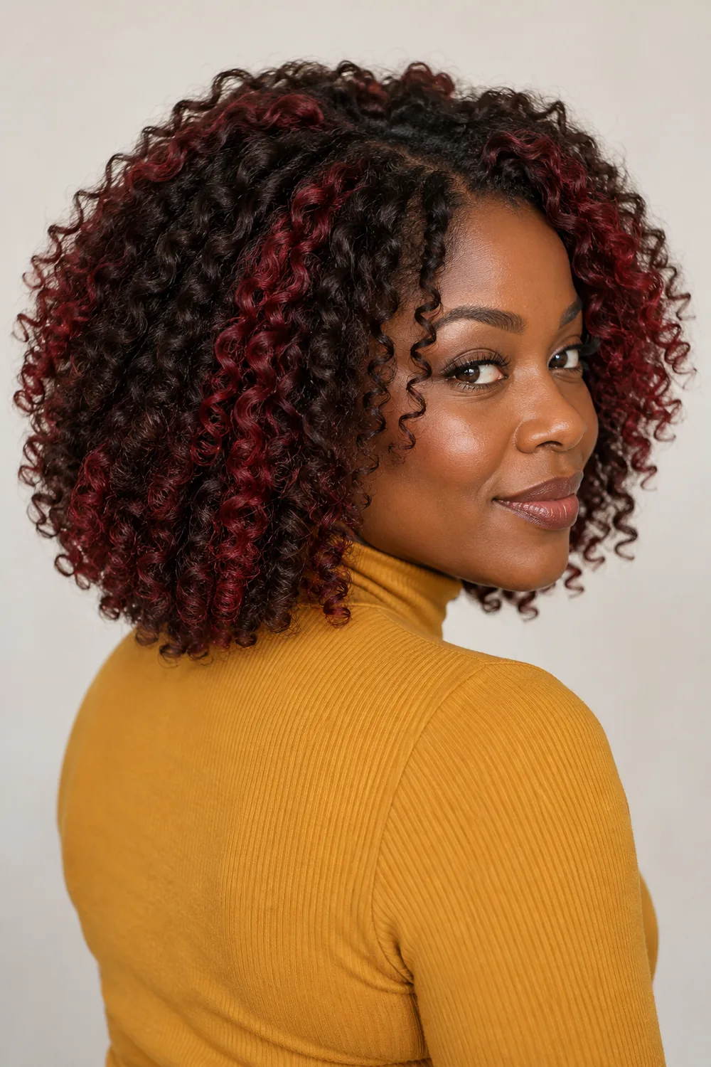 Adult woman in a mustard high-neck top, shown in three-quarter view with rounded dark brown coils and cherry-red highlights throughout the outer curls.