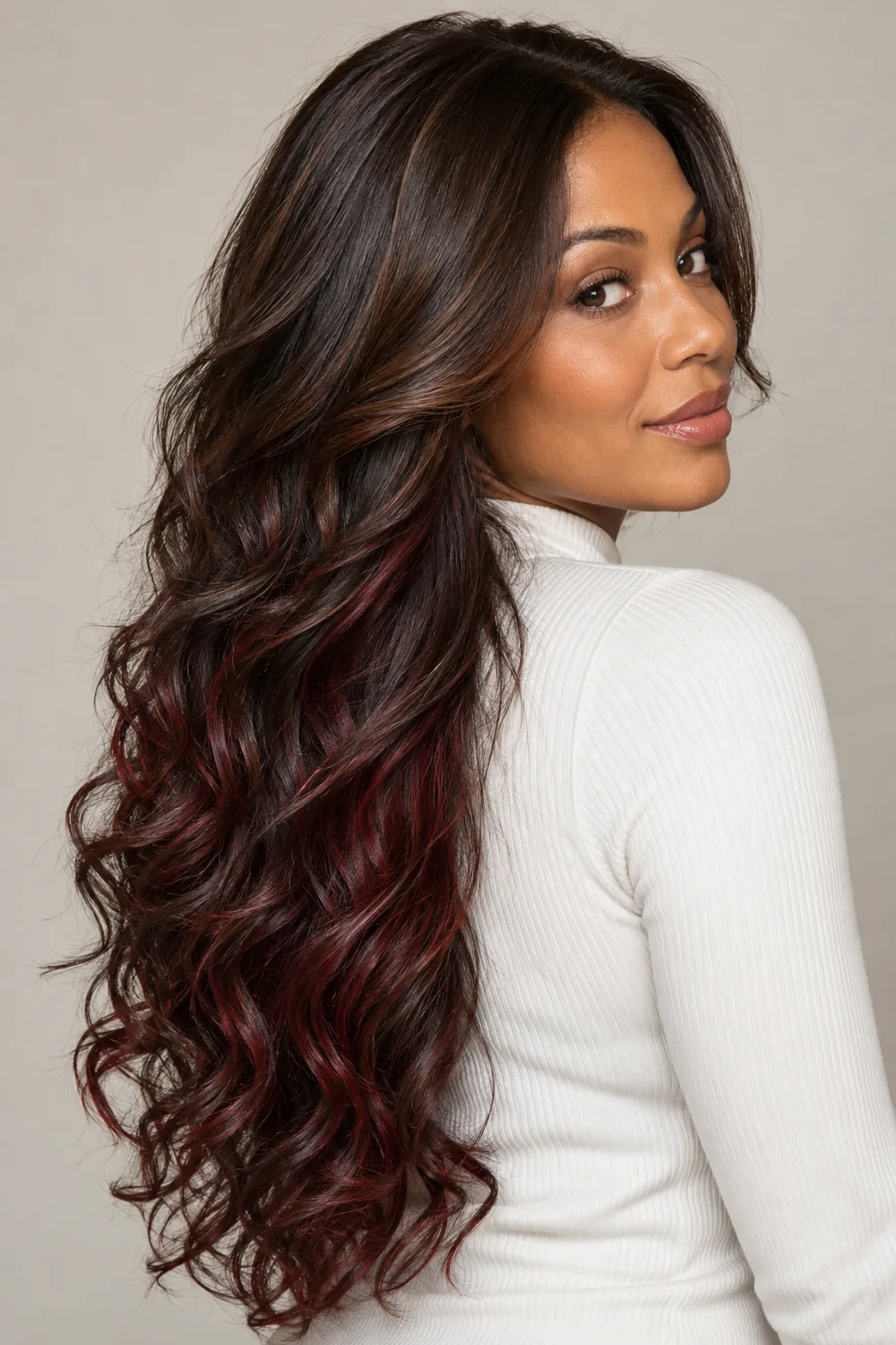 A woman with long, loose dark brown curls and burgundy highlights woven through the lower layers, photographed from a three-quarter angle.