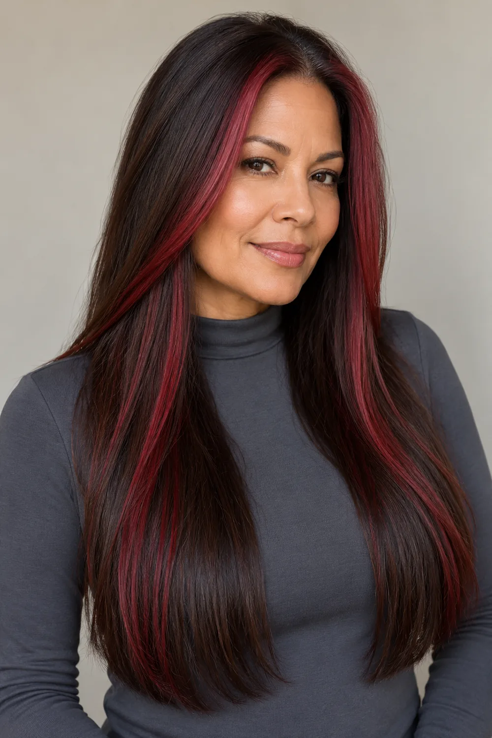Adult woman with long, straight dark brown hair, saturated ruby-red face-framing ribbons, and fine red accents through the lower lengths.
