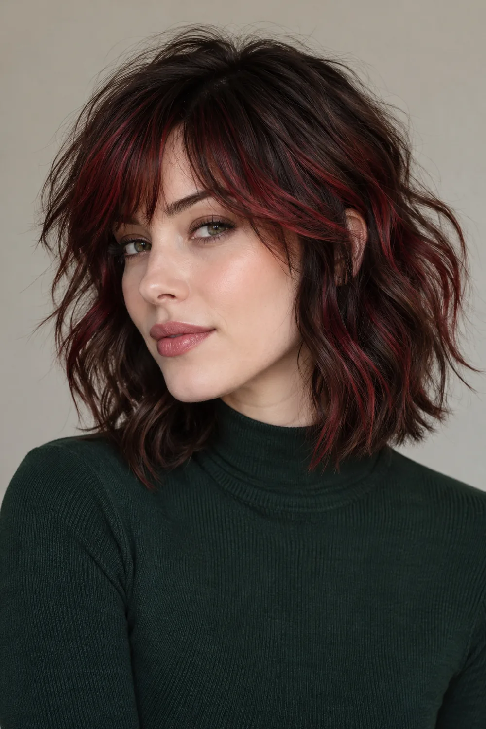Adult woman with a tousled dark brown shag and cherry-red accents through the fringe and upper layers, shown from crown to ends.