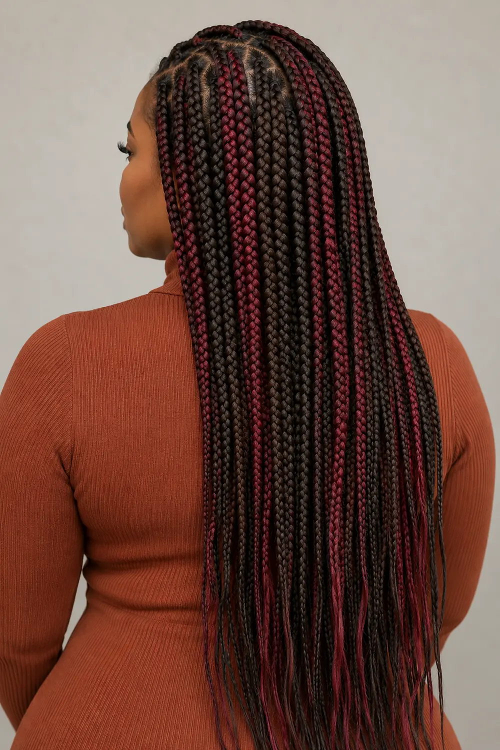 A woman in a rust top, seen from behind, with long dark brown box braids and selected burgundy-red braids from crown to ends.
