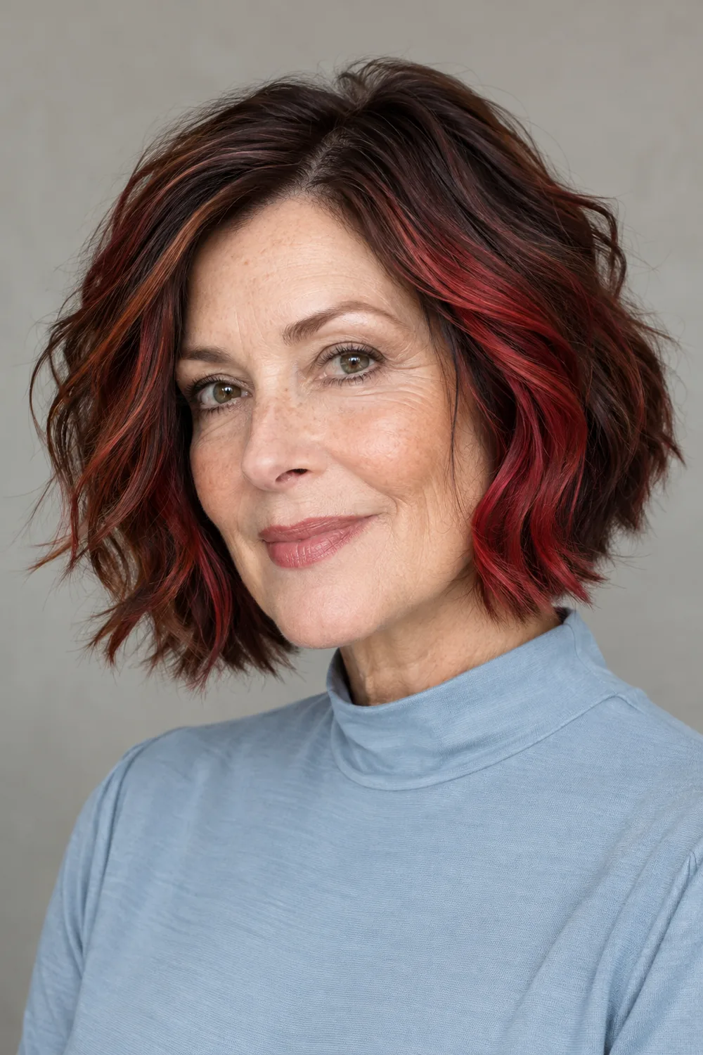 Adult woman with a chin-length wavy dark chestnut bob, vivid ruby-red highlights on both sides, and a pale blue high-neck top.