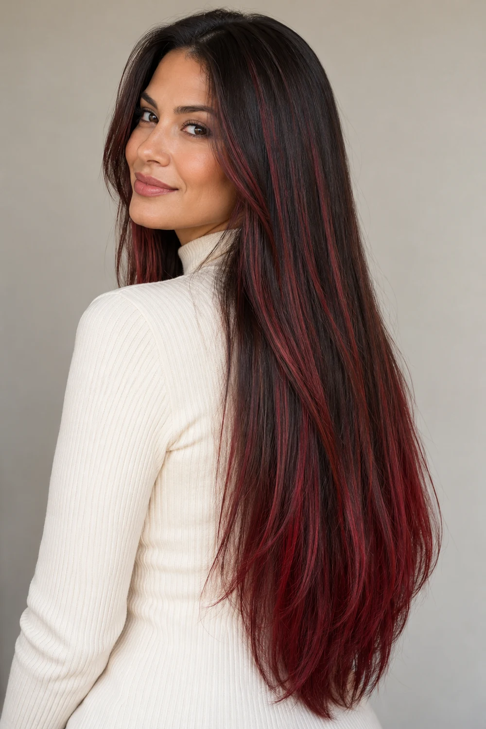 Adult woman with waist-length straight dark brown hair and cherry-red ribbons that grow more prominent toward the ends, wearing a cream high-neck top.
