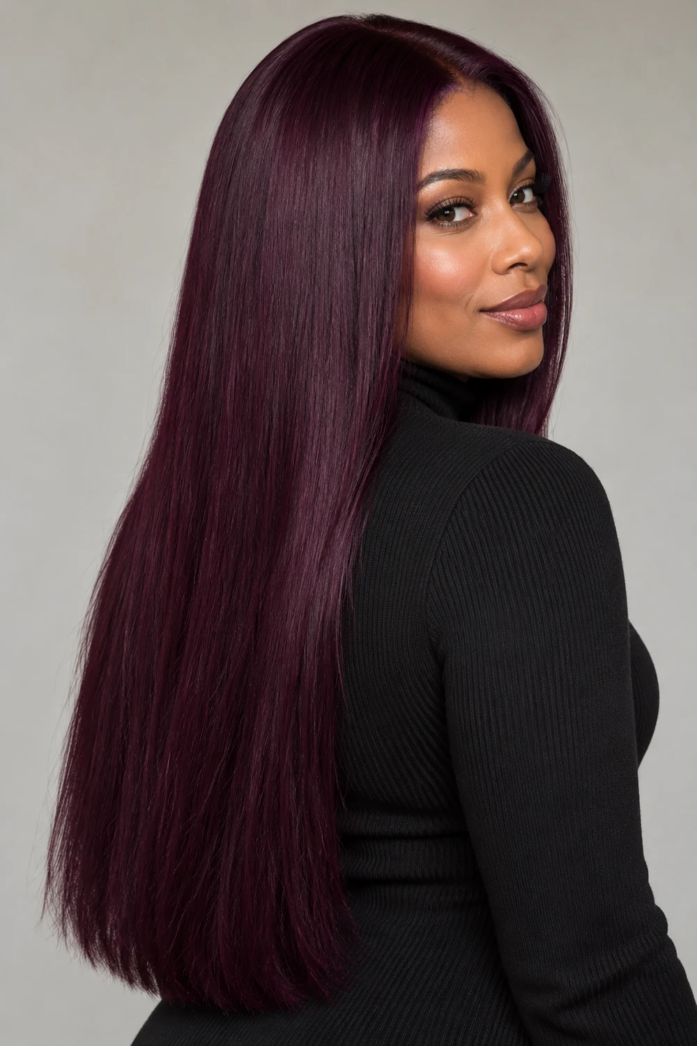Fictional adult woman with long, straight, all-over deep plum hair, shown in a three-quarter portrait with the full hairstyle visible from crown to ends.