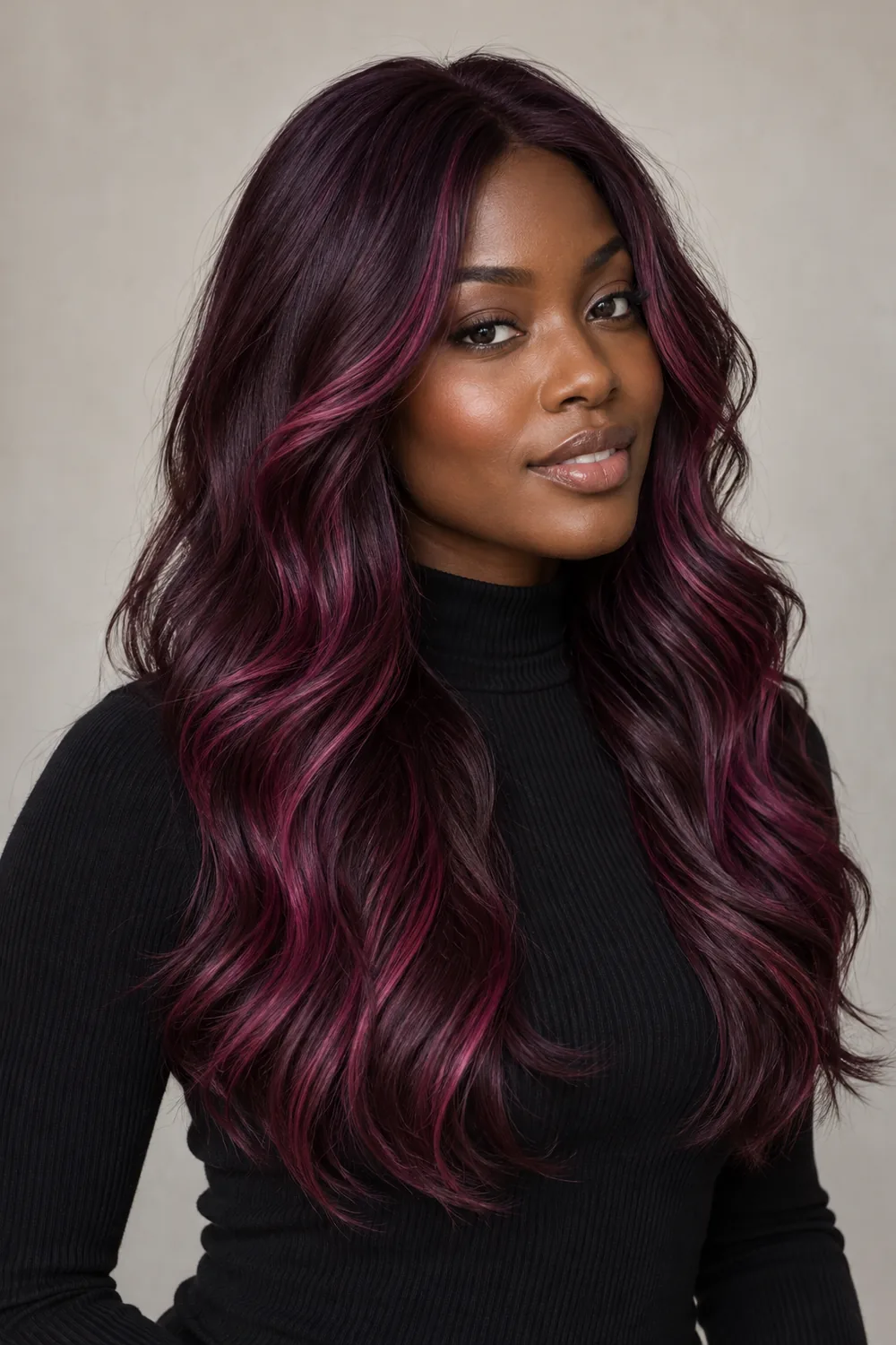 A woman with deep ebony skin and long, wavy dark plum hair featuring narrow red-violet ribbons through the front layers, wearing a black high-neck top.