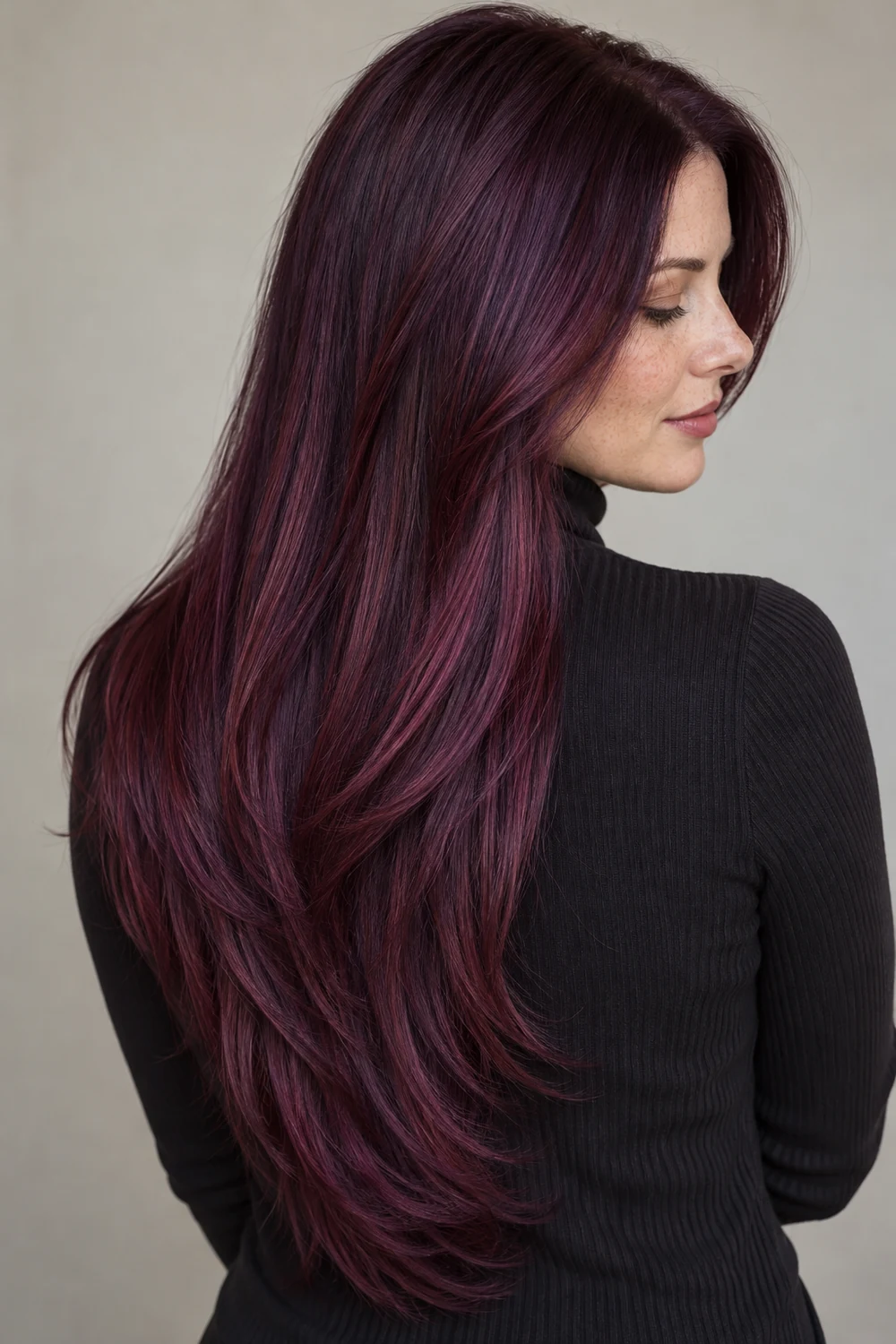 Adult woman with long layered dark plum hair and fine red-violet ribbons, shown from a slight rear angle against a neutral background.
