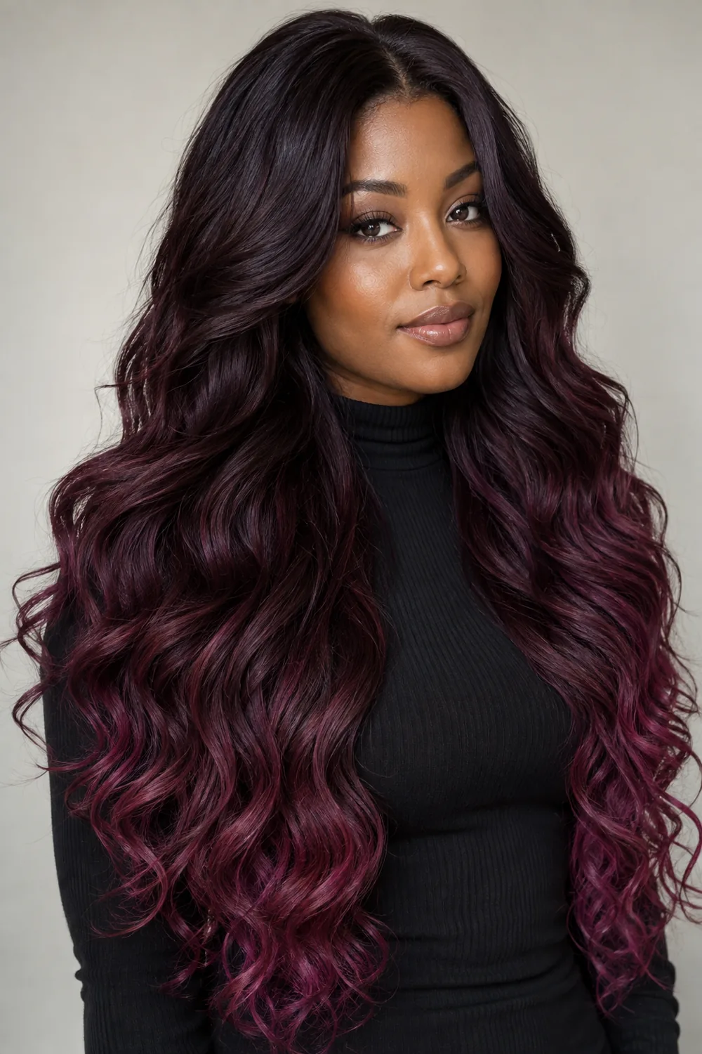 Adult woman with long, loose near-black plum waves and brighter red-violet tones toward the curled ends.