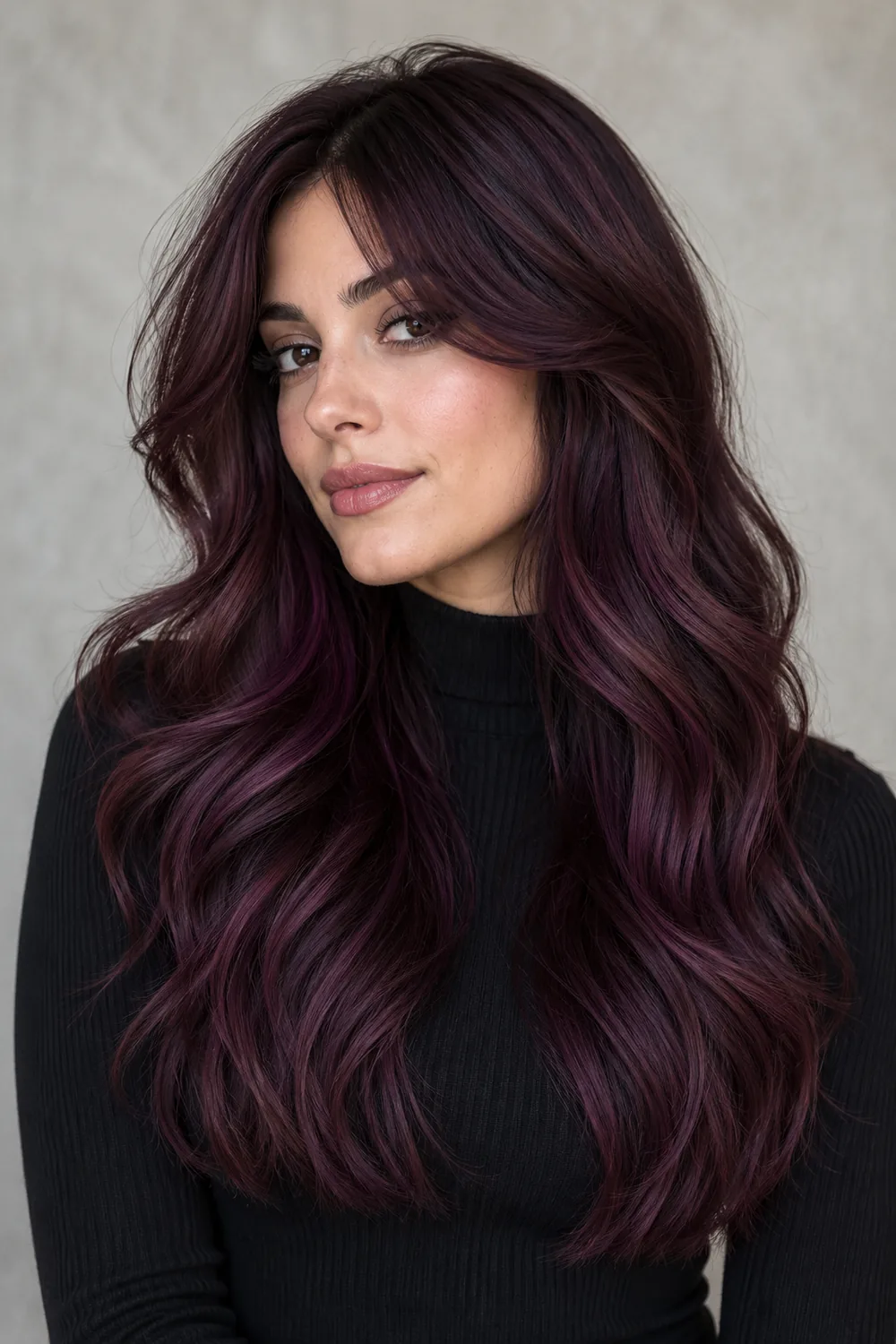 A fictional adult woman with long, softly waved deep plum hair, shadowed aubergine roots, curtain bangs, and red-violet highlights, wearing a black high-neck top against a neutral background.