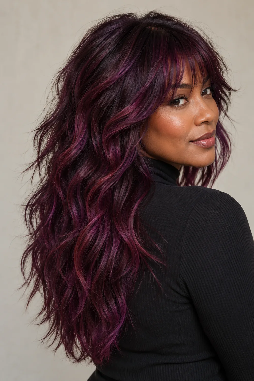 A woman in a black high-neck top wears a long dark plum shag with wide violet-red ribbons and textured layers.
