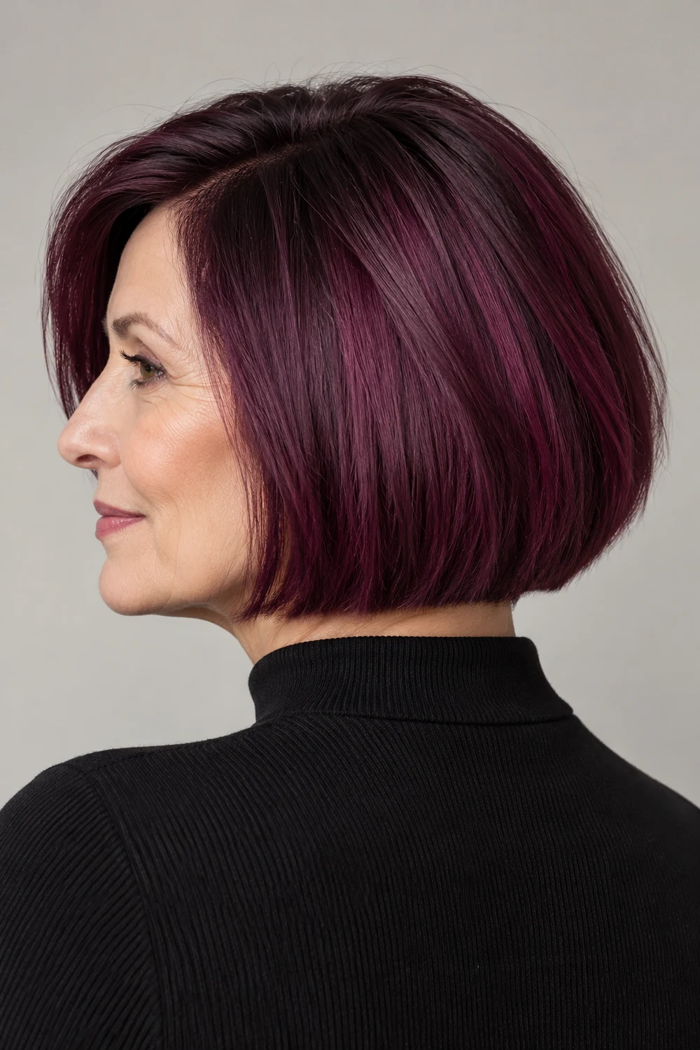 A woman in profile with a jaw-length blunt bob, blending from plum-black roots into deep plum hair with red-violet tones.