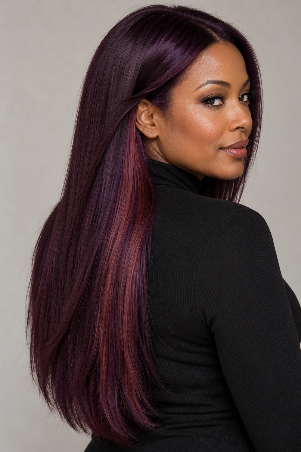 An adult woman with long, straight deep plum hair, with copper-violet accent panels visible behind one ear and through the lower lengths.