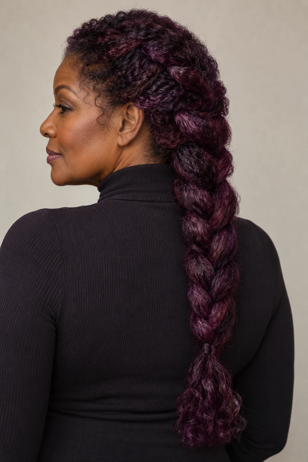 An adult woman with dark skin wears a long, thick deep plum braid with aubergine lowlights visible through its woven sections.