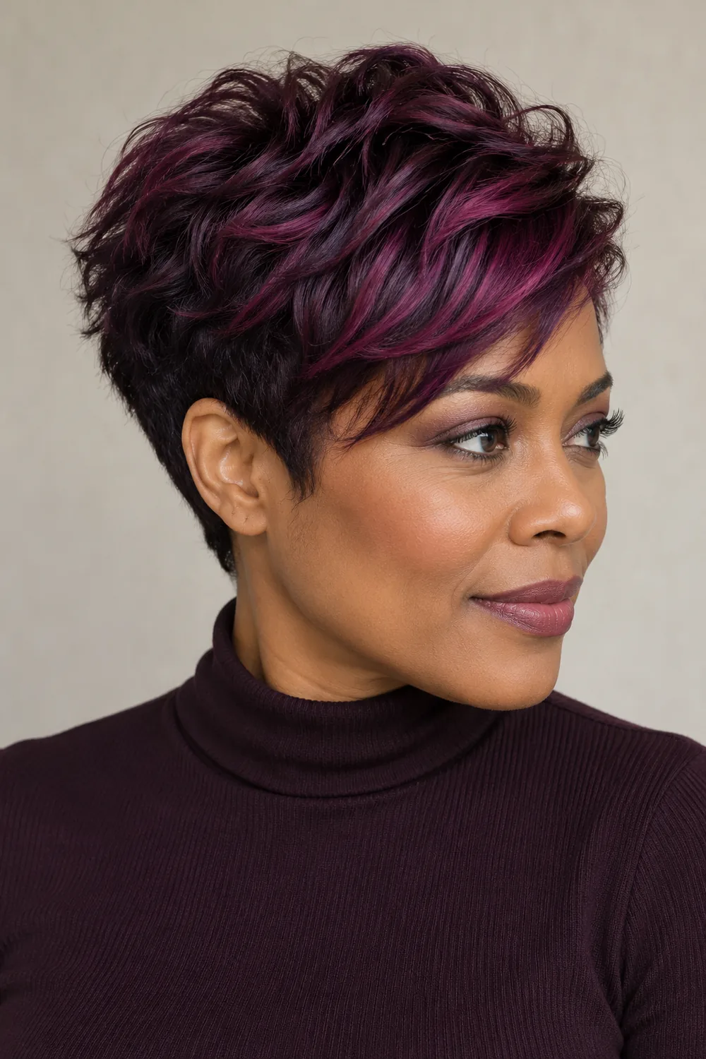 A woman with a textured pixie cut in dark plum, accented by red-violet slices through the swept crown.