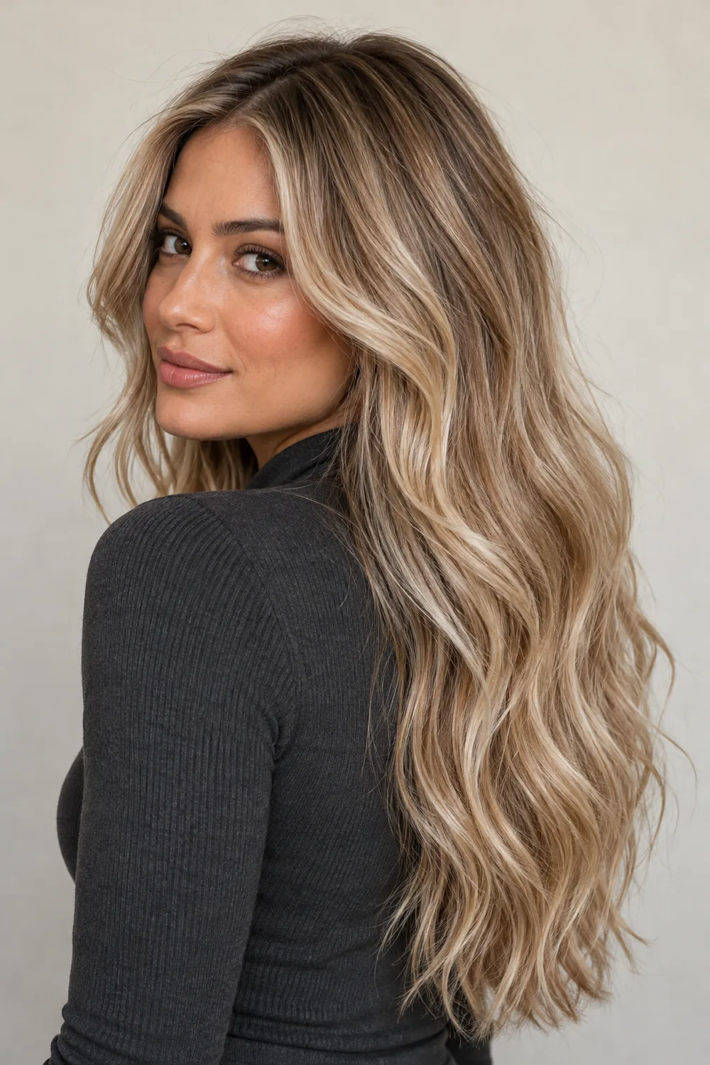 A woman in a charcoal high-neck top, shown in three-quarter view with long loose waves, a neutral dirty blonde base, and fine champagne highlights from roots to ends.